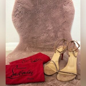 Christian Louboutin Taupe Suede Studded Ankle-Strap Sandals with Red Soles